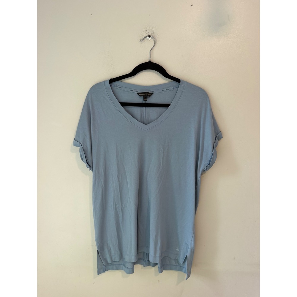 Banana Republic Womens Light Blue V-Neck Rolled Sleeve Cotton Modal Tee Large